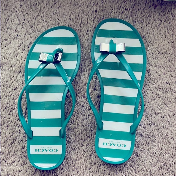 Coach Teal and White Striped Flip Flops - Picture 1 of 4